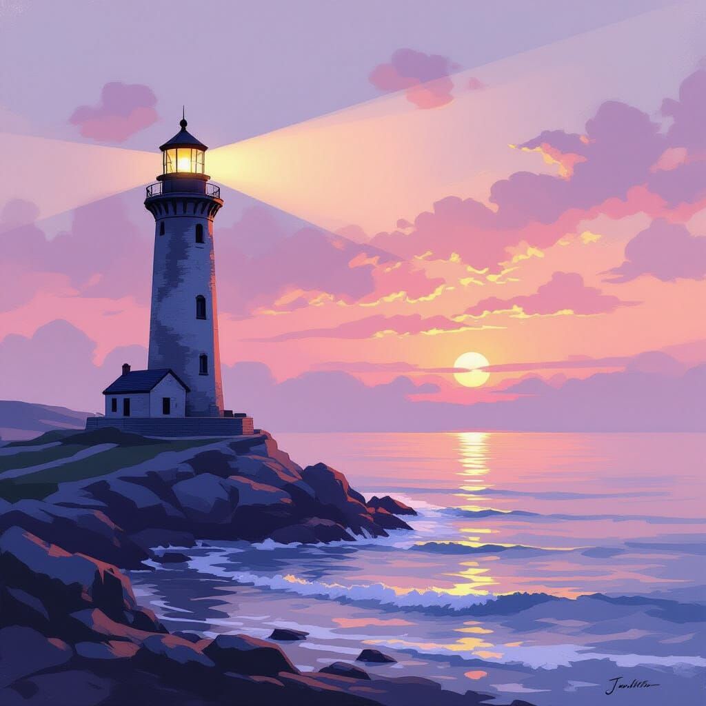 Ancient Lighthouse Beams Through Misty Dawn in Turner Style