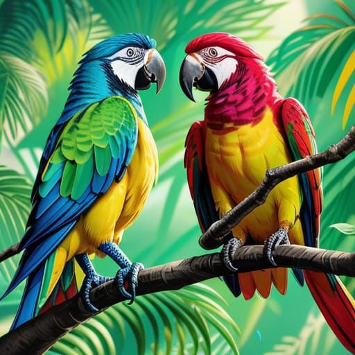 Colorful Parrots on Branch in Splash Art Style