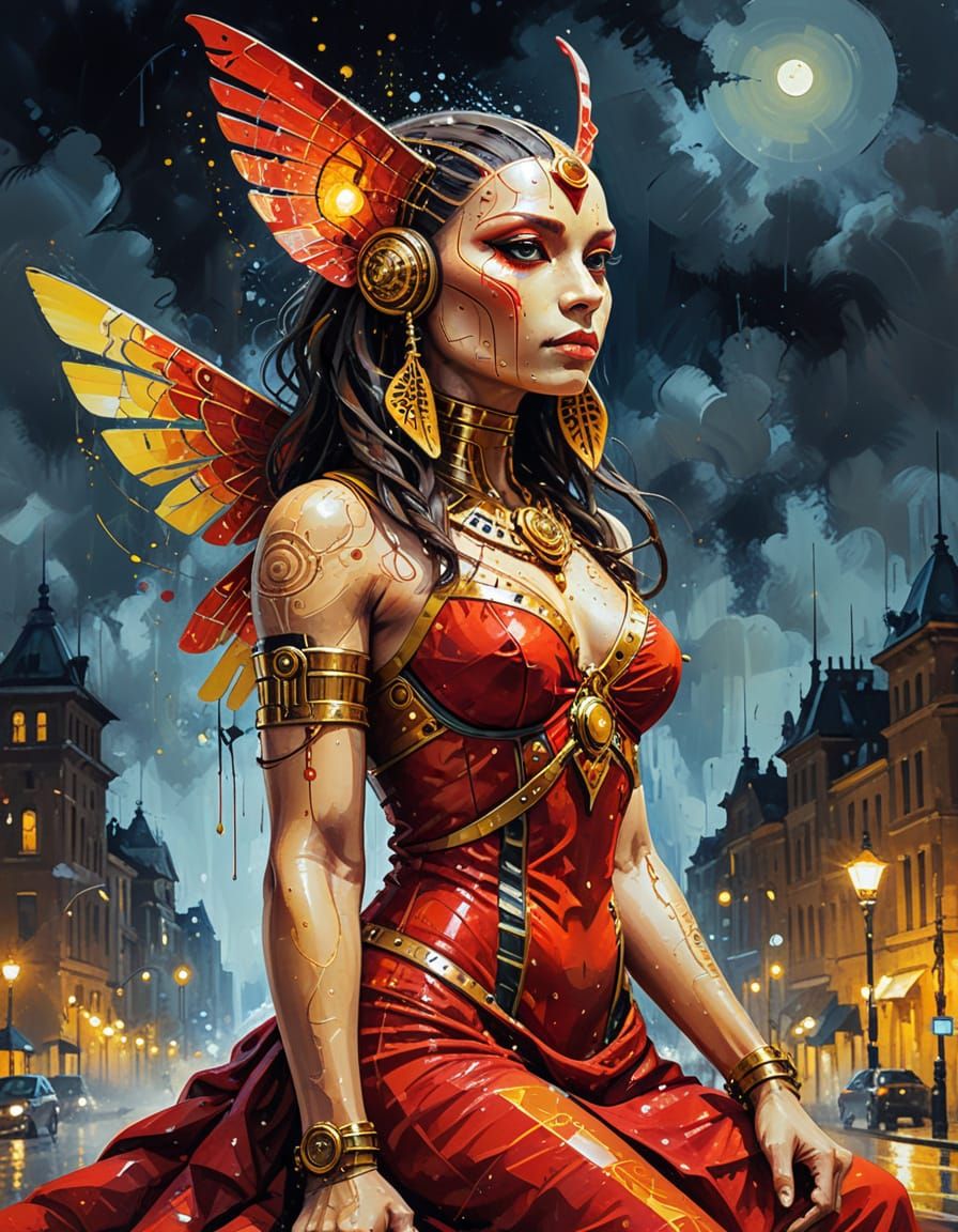 Steampunk Sphinx in Red Dress