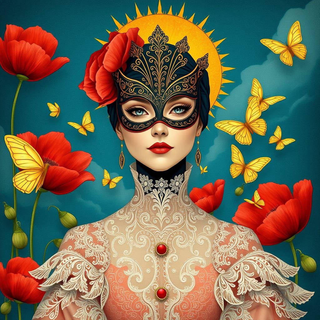 A traditional painting combining realism and fantasy, portraying a masked woman in intricate lace surrounded by oversize...