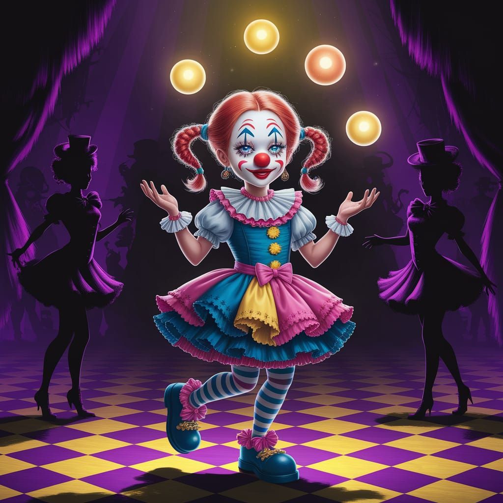 Whimsical Kawaii Clown in Enchanted Circus Scene