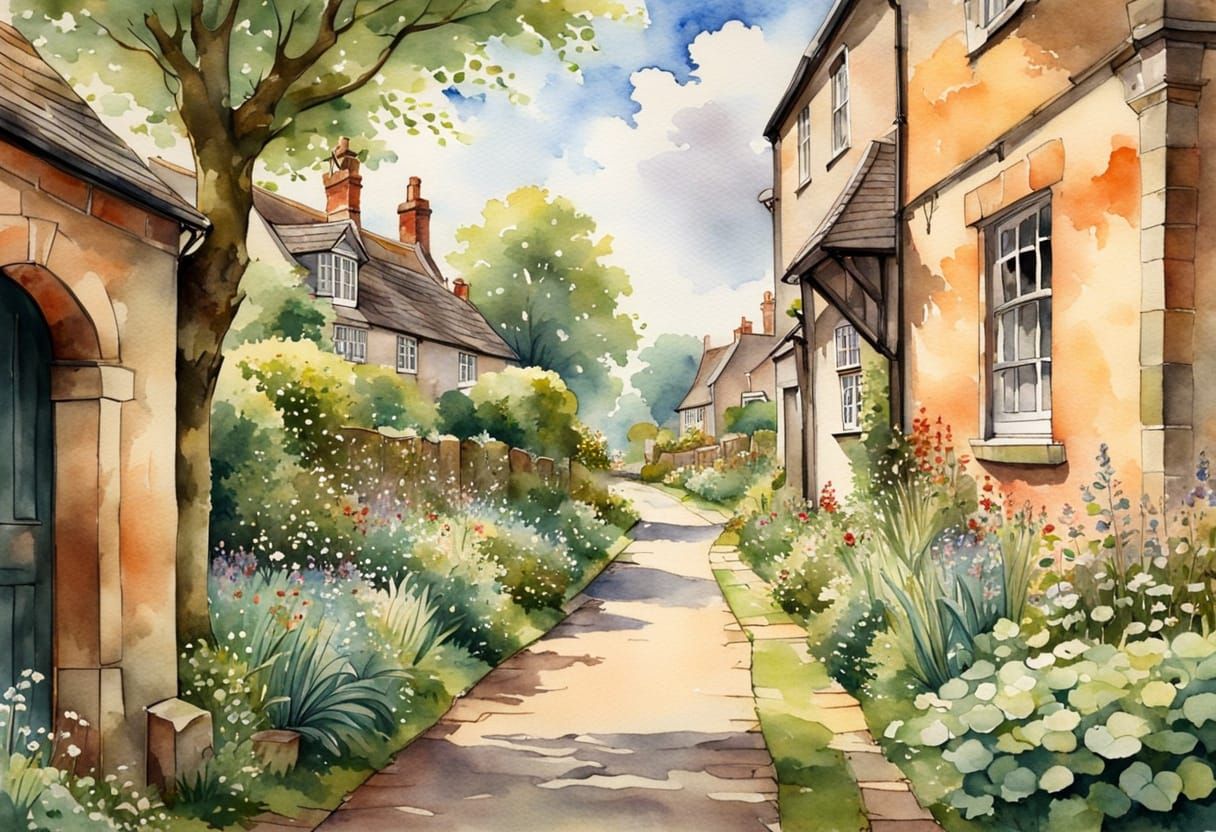 Delicate Watercolour of a Quaint English Village Pond
