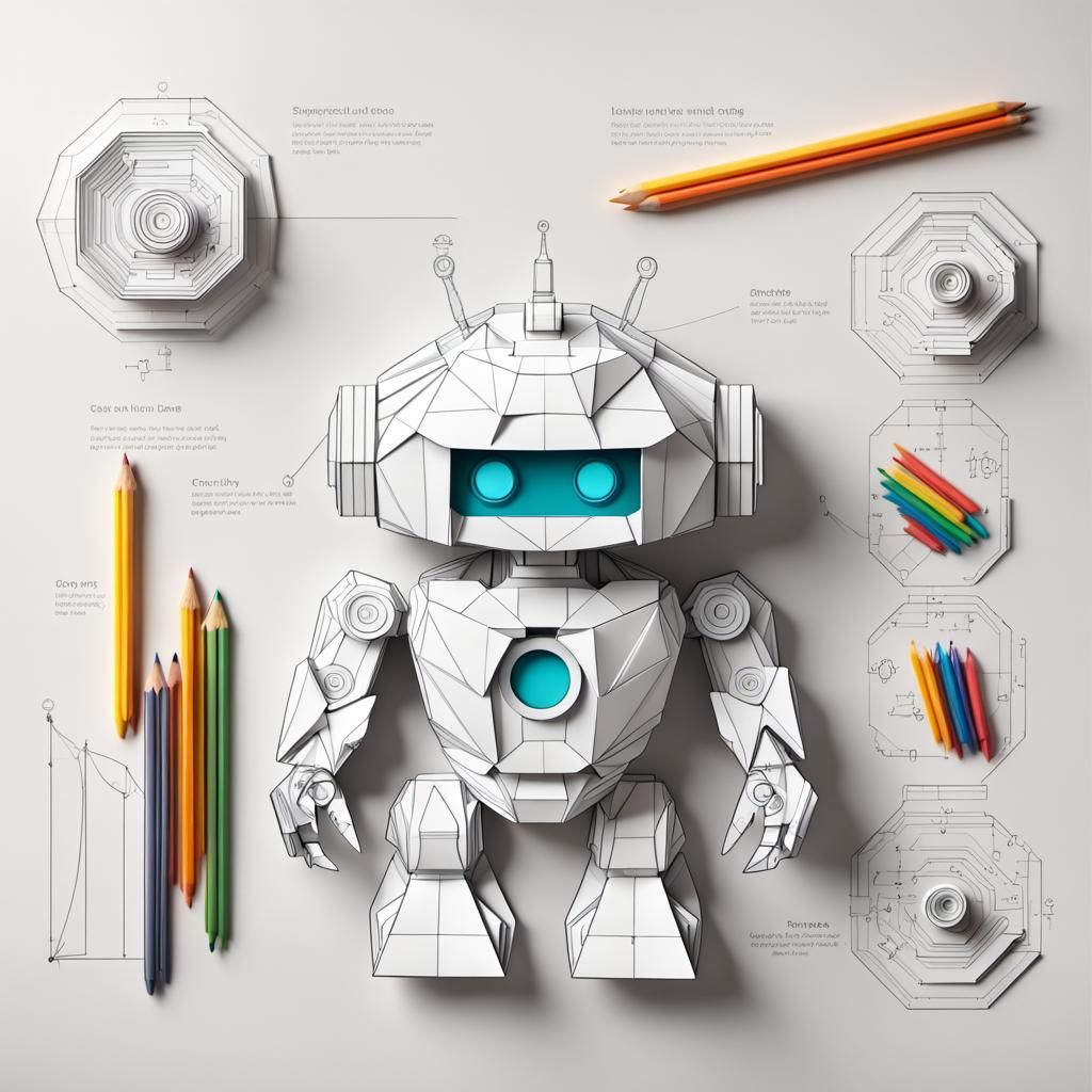 3D Robot Diagram: Children's Coloring Page in Origami Style