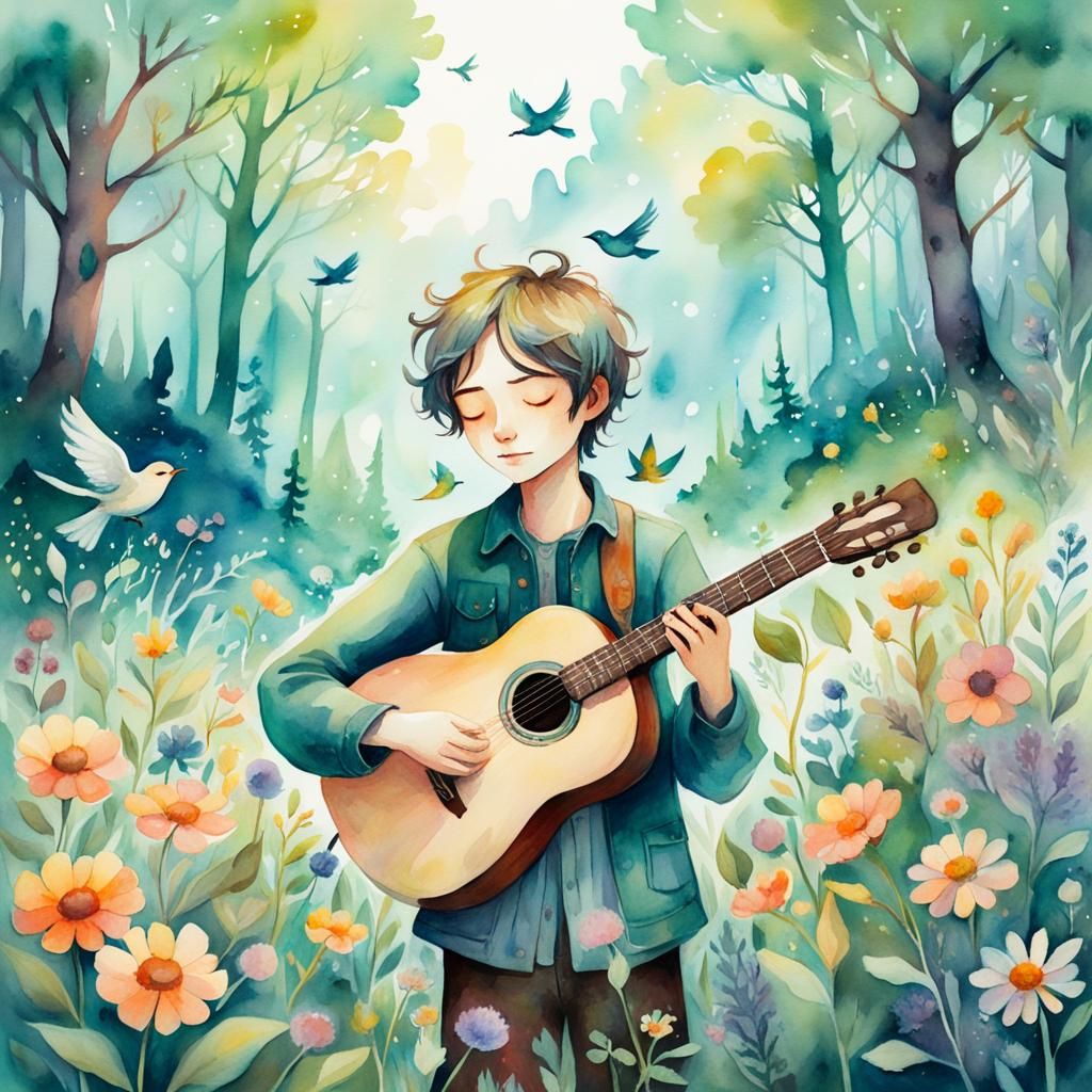 Watercolor Impressionist Painting of Boy in Forest