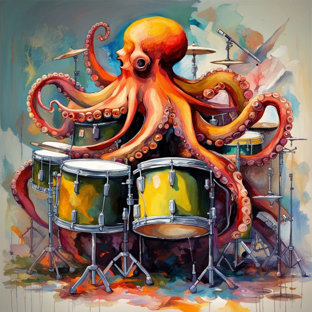 Octopus Drummer in Expressionist Oil Painting Style