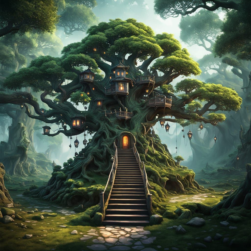 Surreal Treehouse Sanctuary in a Watercolor Wonderland