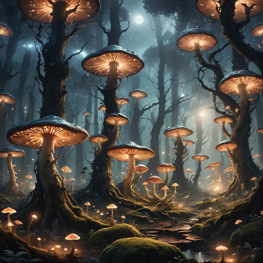 Luminous Fairy Dance in Glowing Mushroom Forest