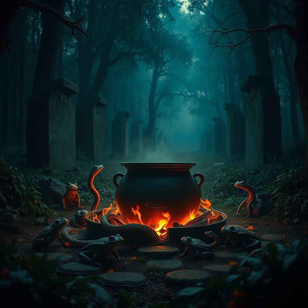 Mystical Cauldron in Overgrown Forest Clearing