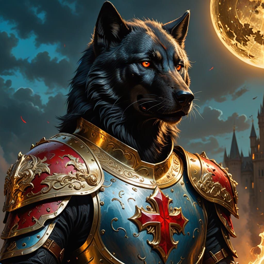Armored Wolf with Fiery Sword Fantasy Art