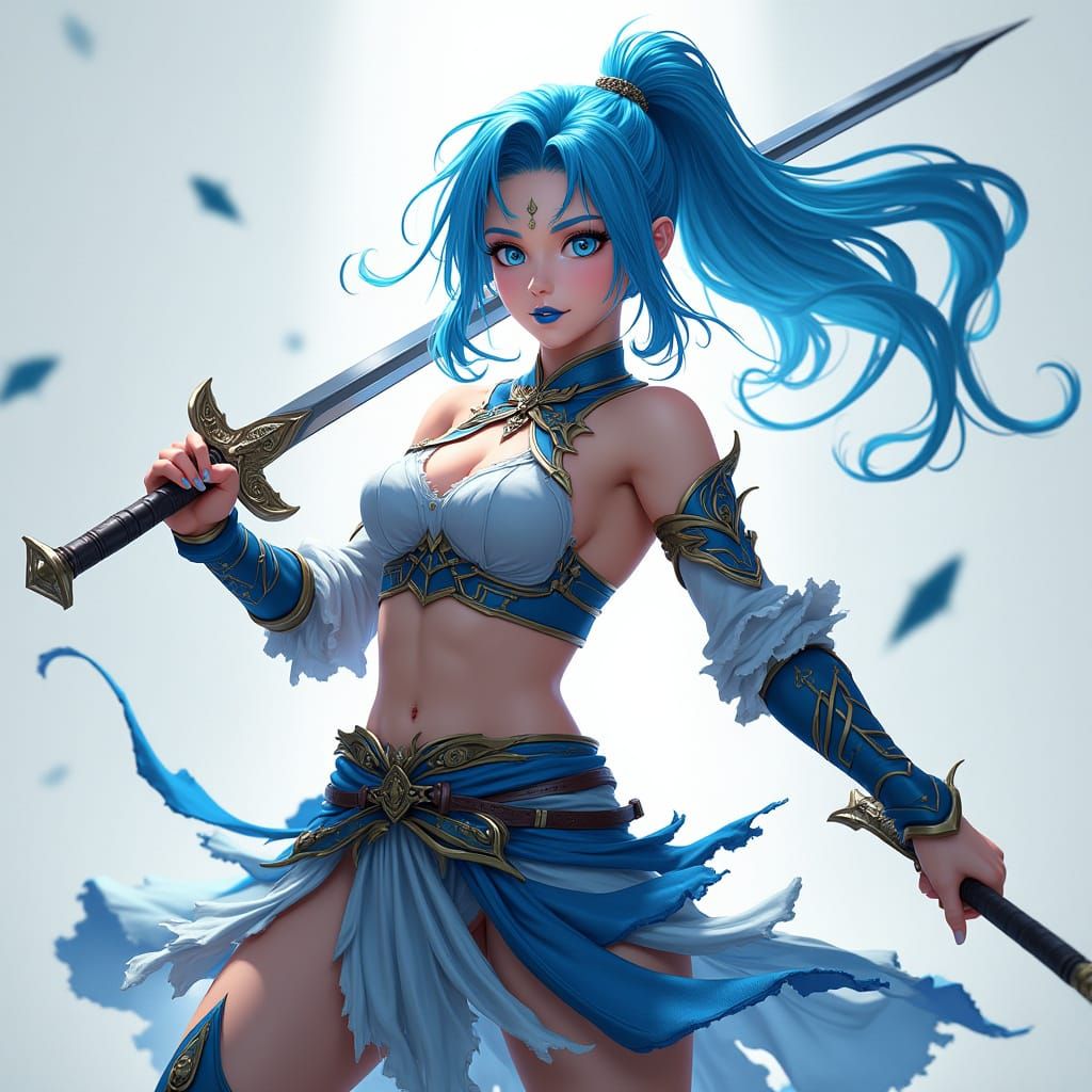 Mortal Kombat-Inspired Warrior with Blue and White Hair, Wie...