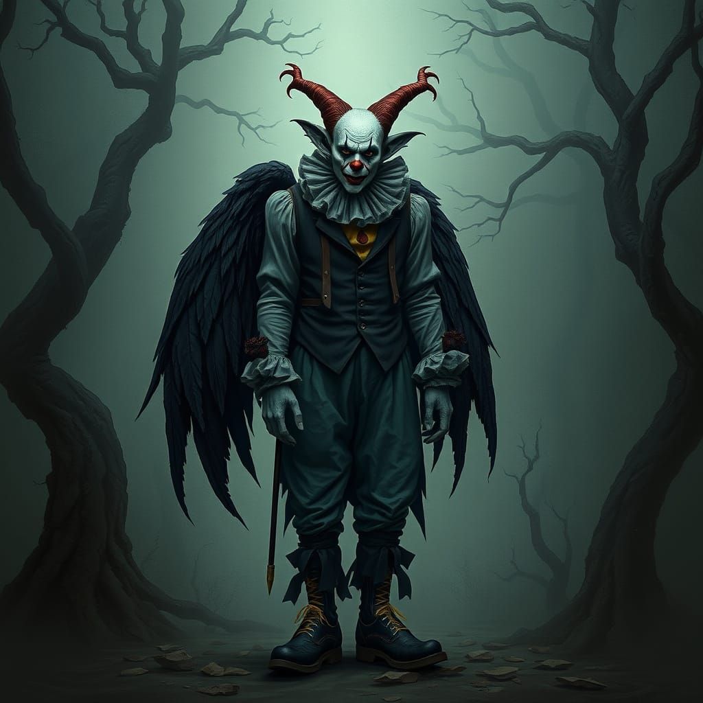 Solemn Clown with Wings in Mystical Forest