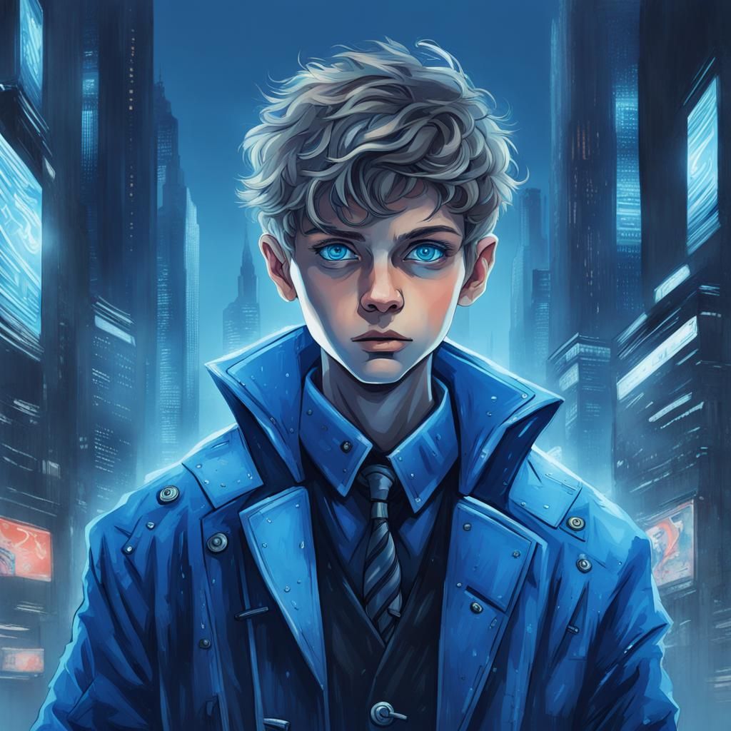 Blue-Eyed Boy in Cyberpunk City Portrait