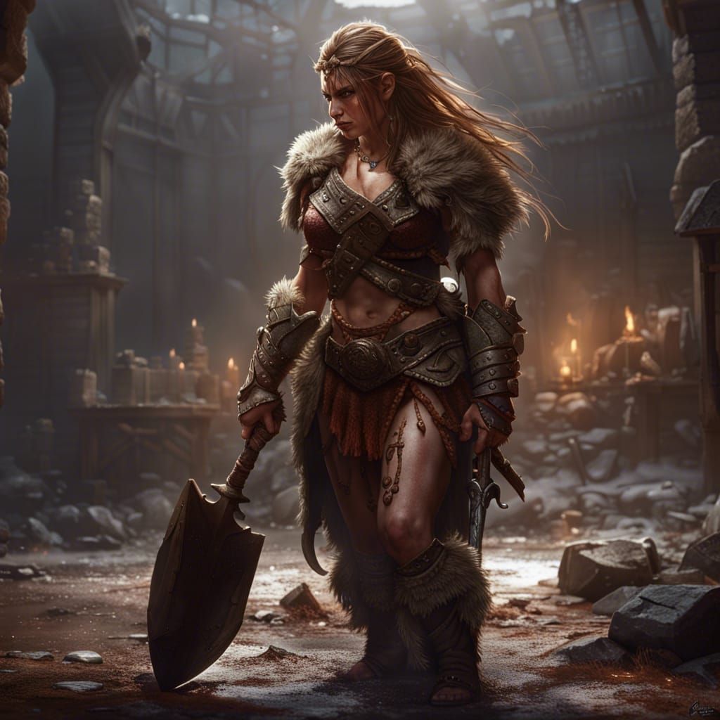 Female Barbarian After Battle in Dark Fantasy Style