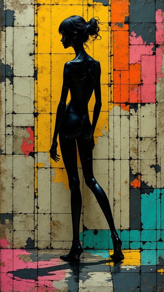 Surreal Geometric Portrait: Woman Merging with Wall Art