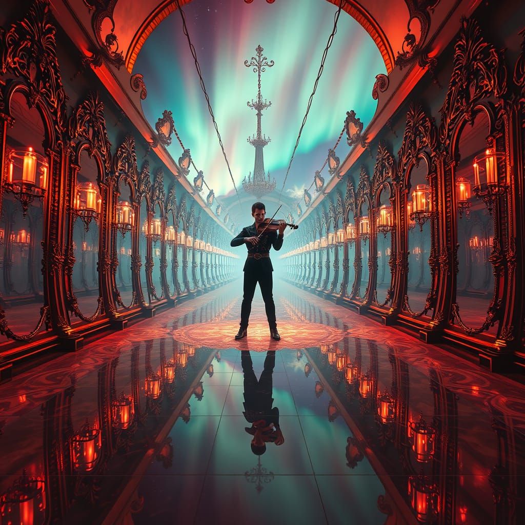 Mystical Violinist in Hall of Mirrors