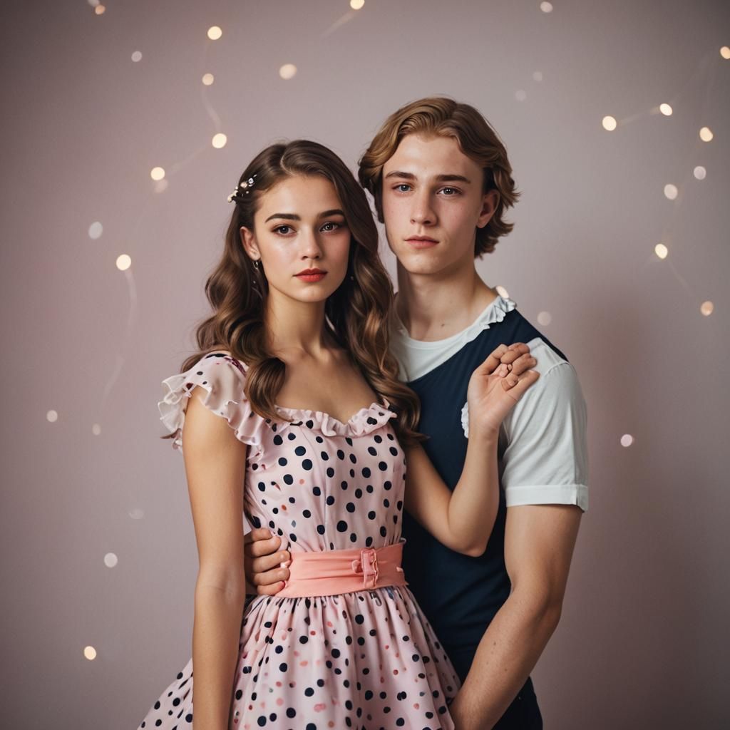 Expressive Portrait of Young Couple in Polka Dot Dresses