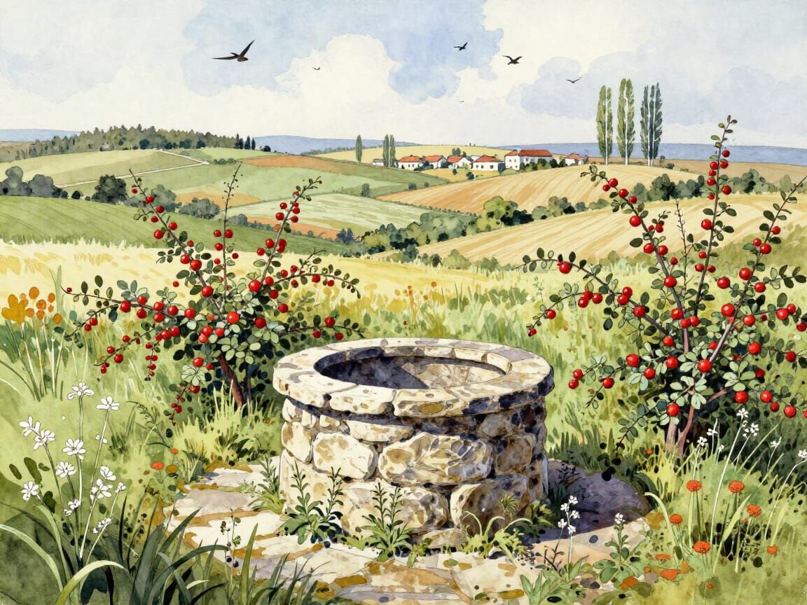 Bulgarian Countryside Well in Watercolor and Alcohol Ink