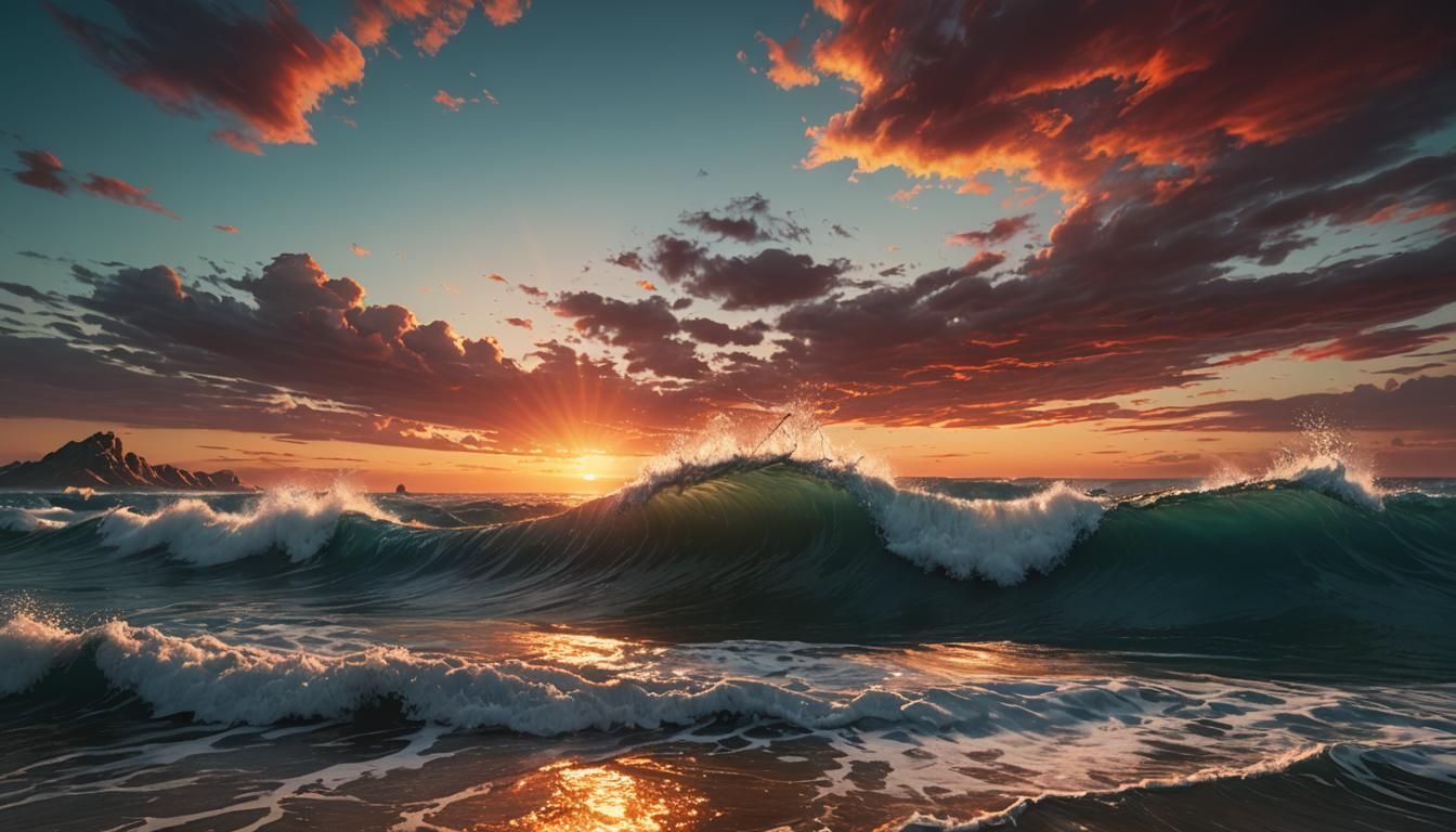 Dramatic Sunrise Over Sea with Crashing Waves