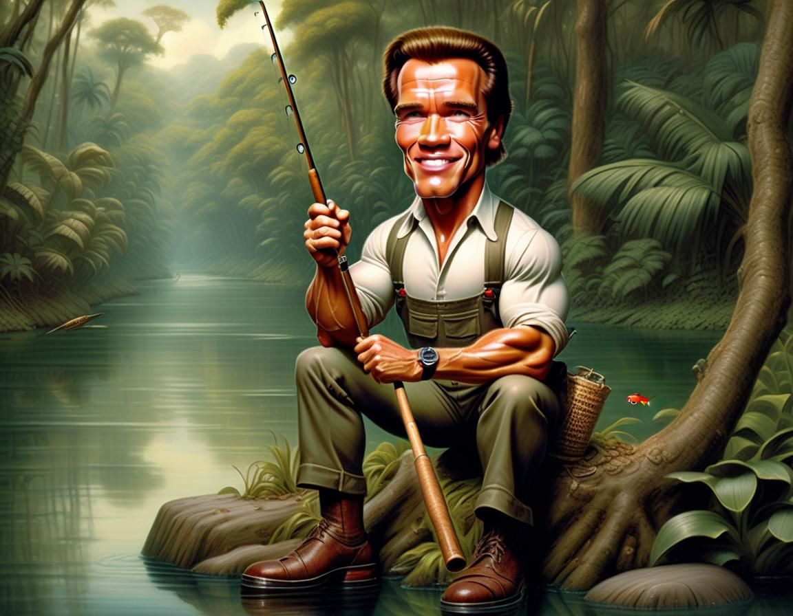 Arnold Schwarzenegger Jungle Fishing, Caricature by Ryden