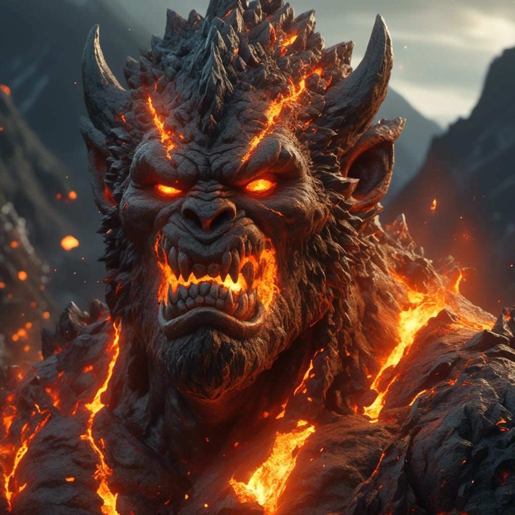 Close-up of an fire ogre <lora:Magmafication:0.5>. Volcanoes...