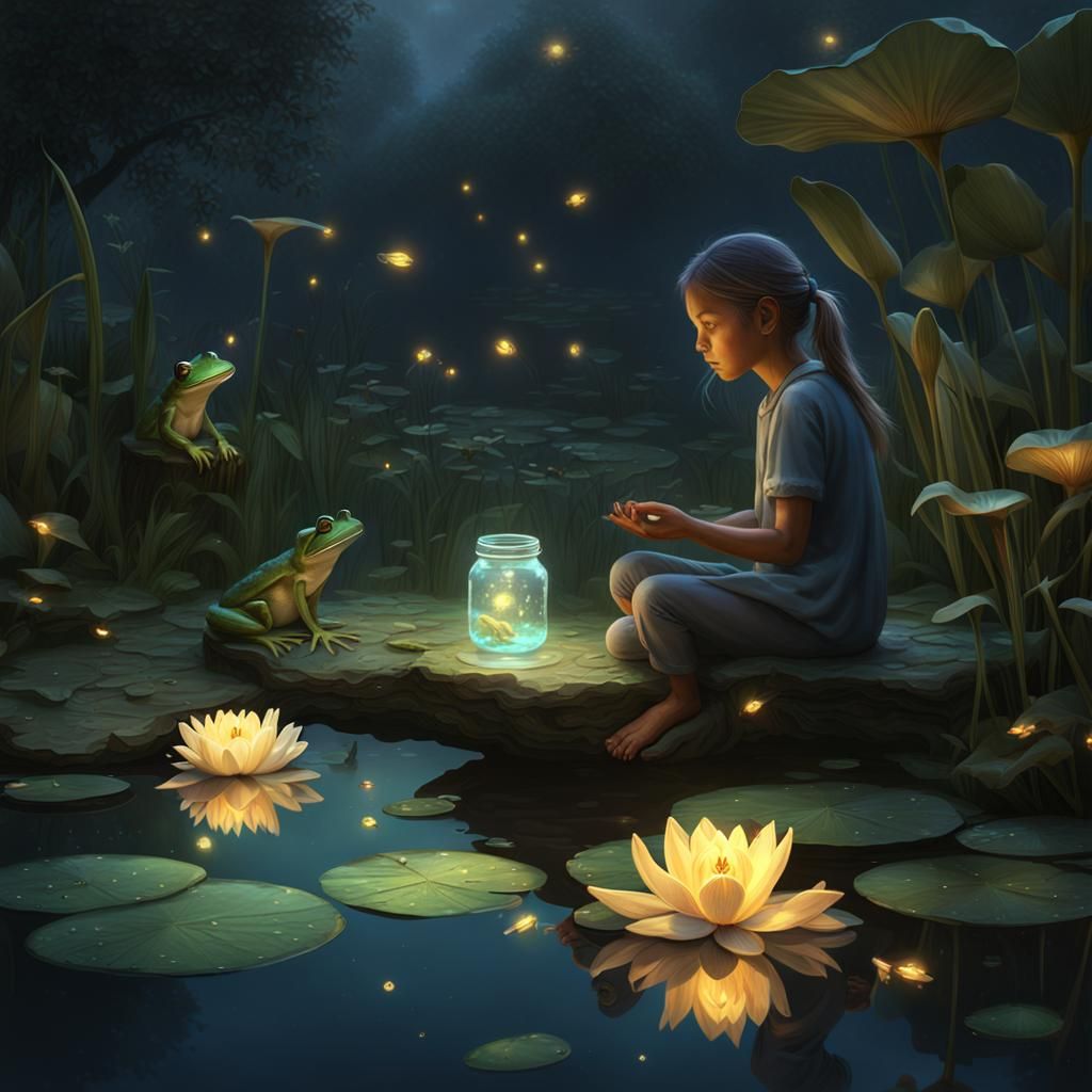 A girl sitting by a pond, her jar glowing with fireflies, wh...