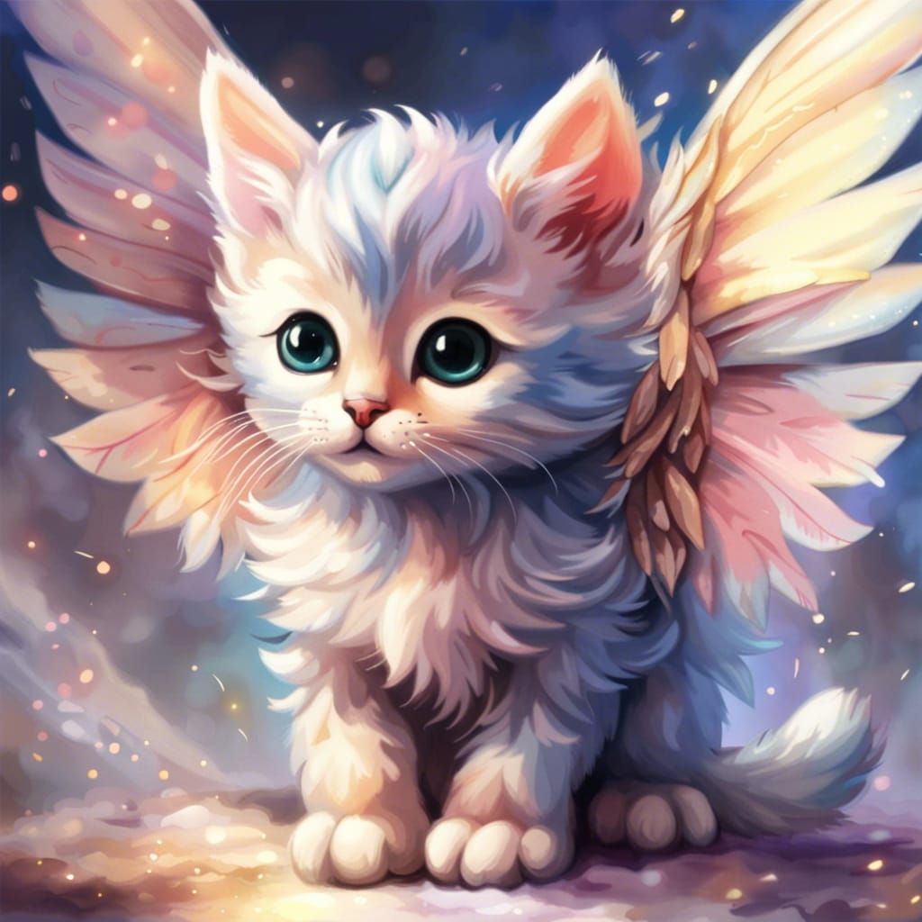Adorable Winged Kitten Watercolor Fantasy Concept Art