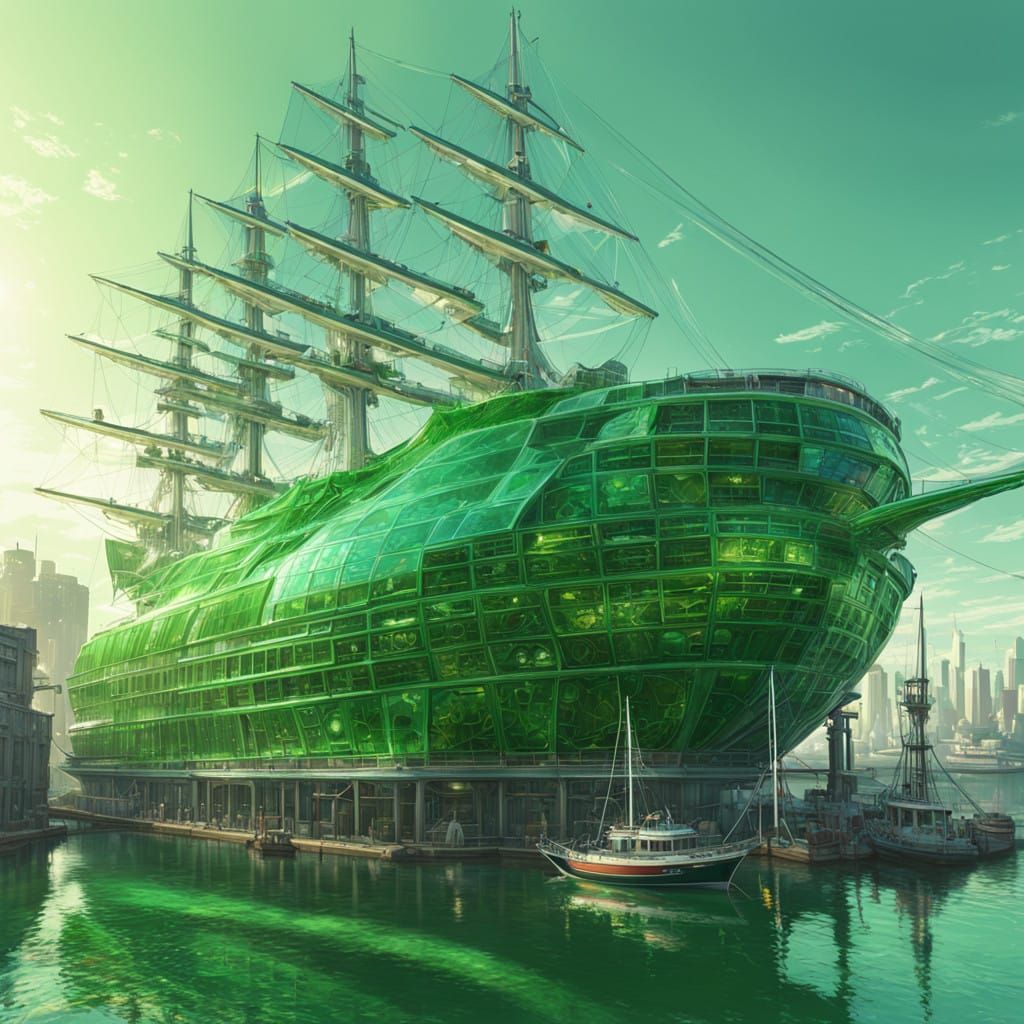 Surreal Solarpunk Harbour Scene with Elegant Glass and Chrom...