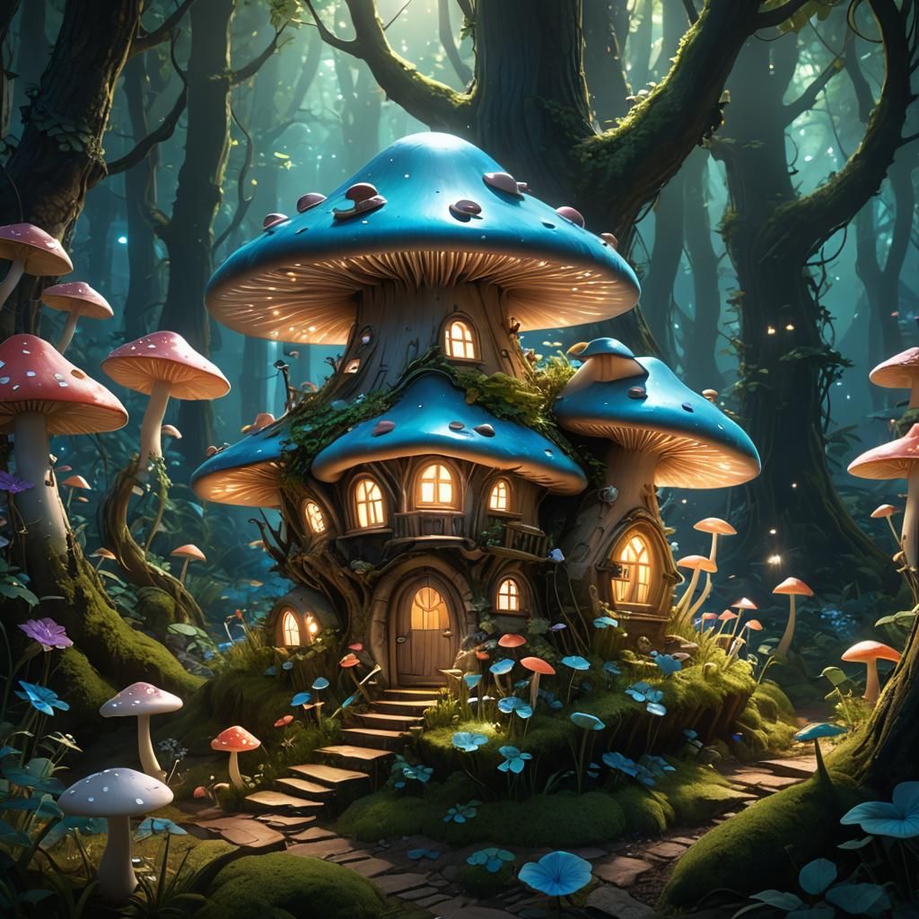 Enchanted Bioluminescent Forest Fairy House: Anime Art