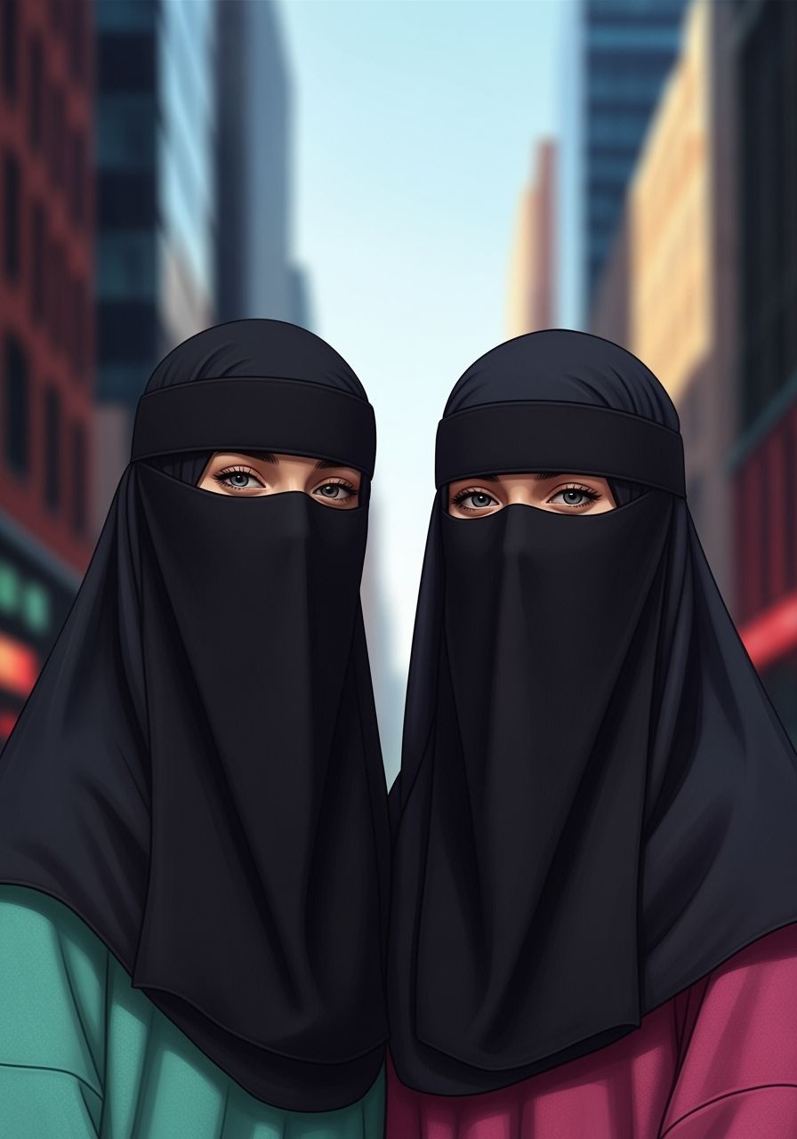 Modern Niqabi Friends Smiling in Vibrant City