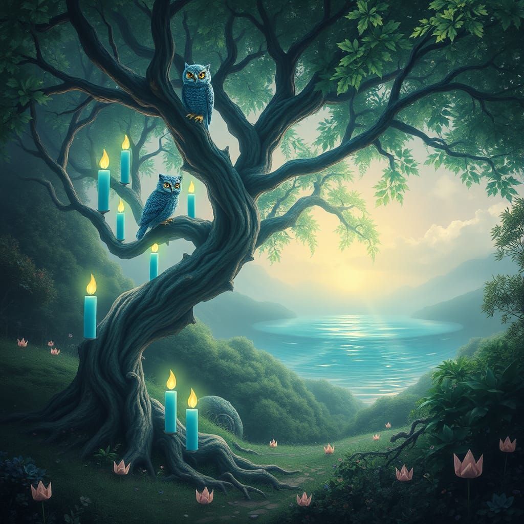Mystical Forest Scene with Teal Candles in Surreal Style