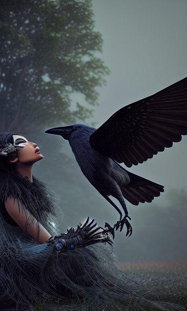 Goddess of Crows in Diamond Feathers: Hyper-Realistic Render