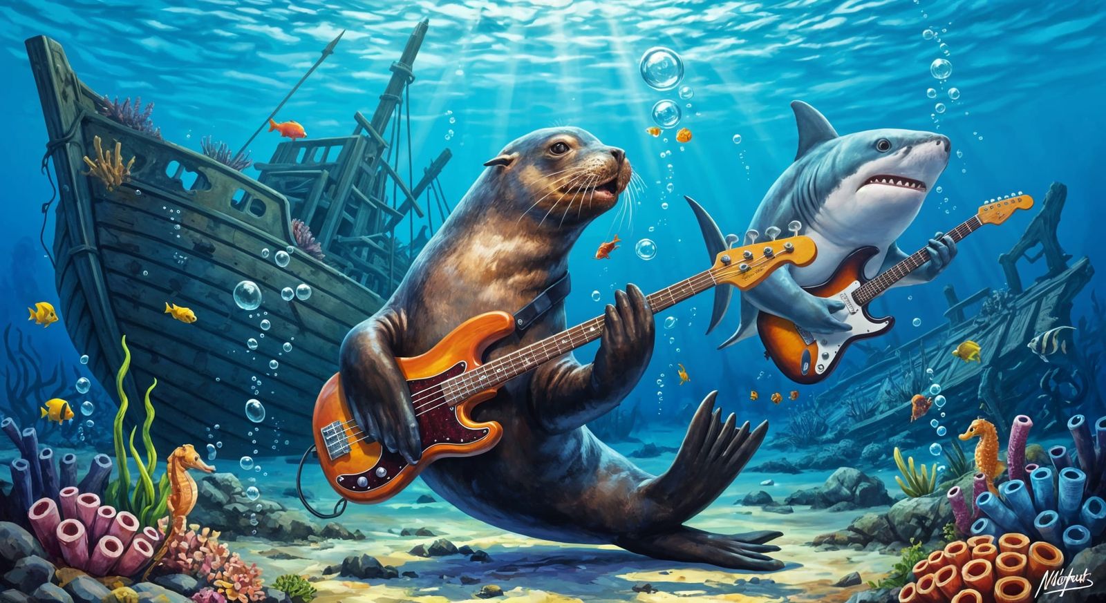 Sea Lion Bassist & Shark Guitarist in Underwater Wreck