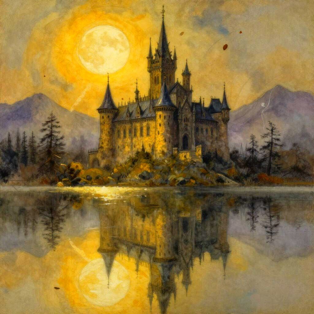 Gothic Castle Reflection Under Blood Moon in Stylized Painti...