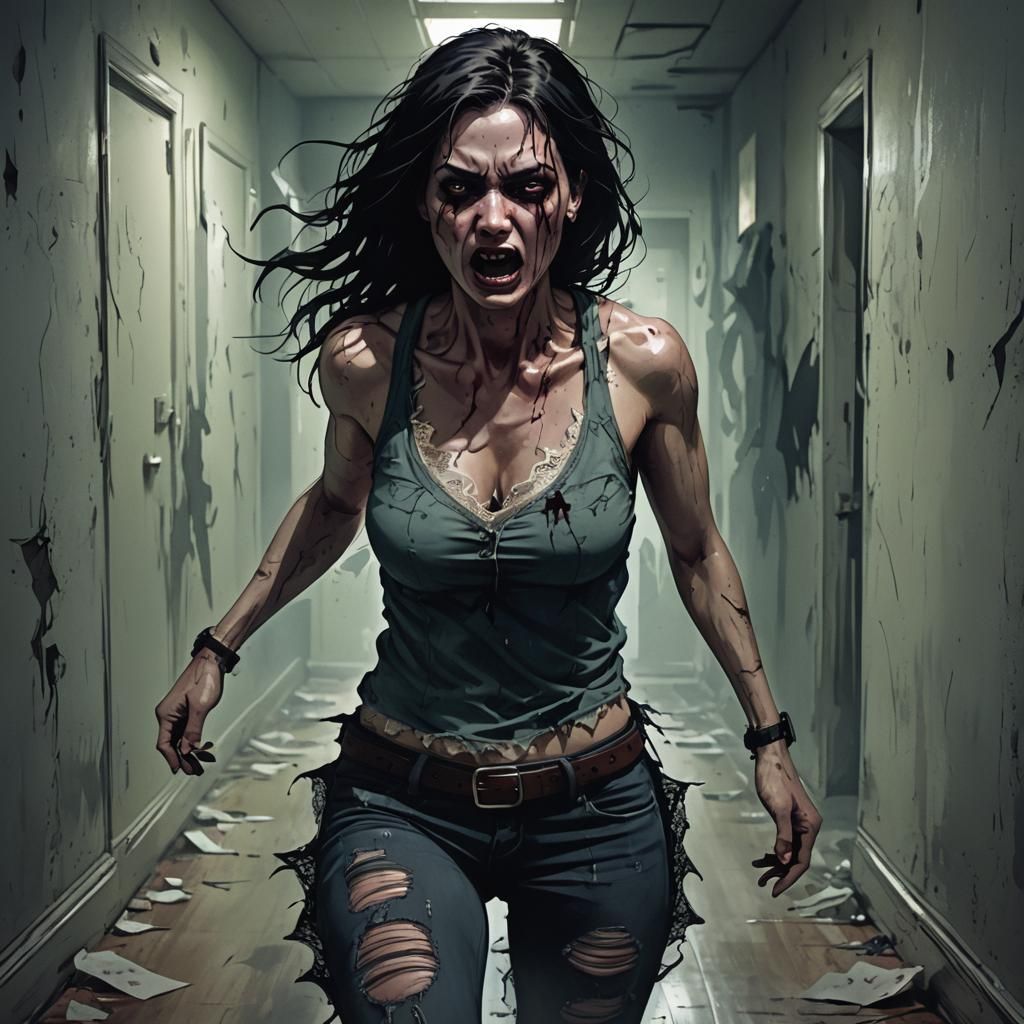 Woman Running from Dark Shadows in Hallway