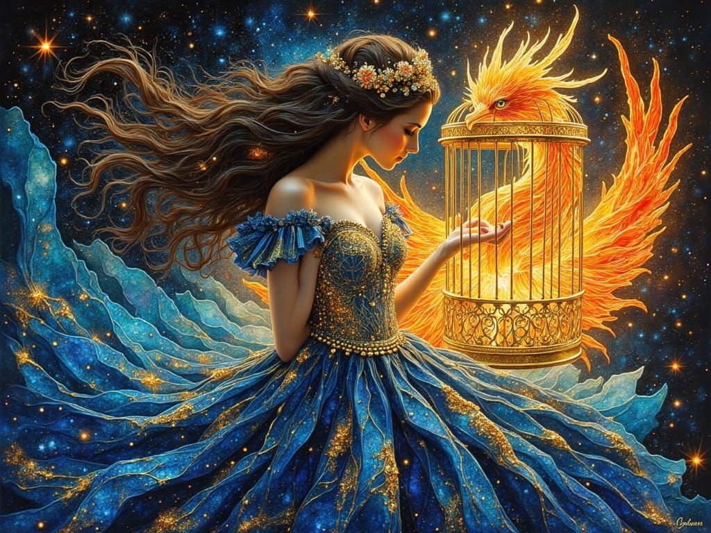Fantasy Woman with Phoenix Birdcage: Glowing Art