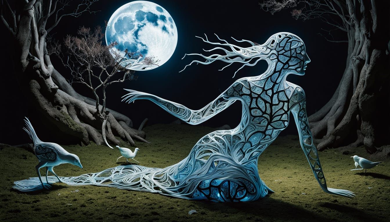 Surreal Fragmented Sculpture with Kneeling Woman and Cracked...