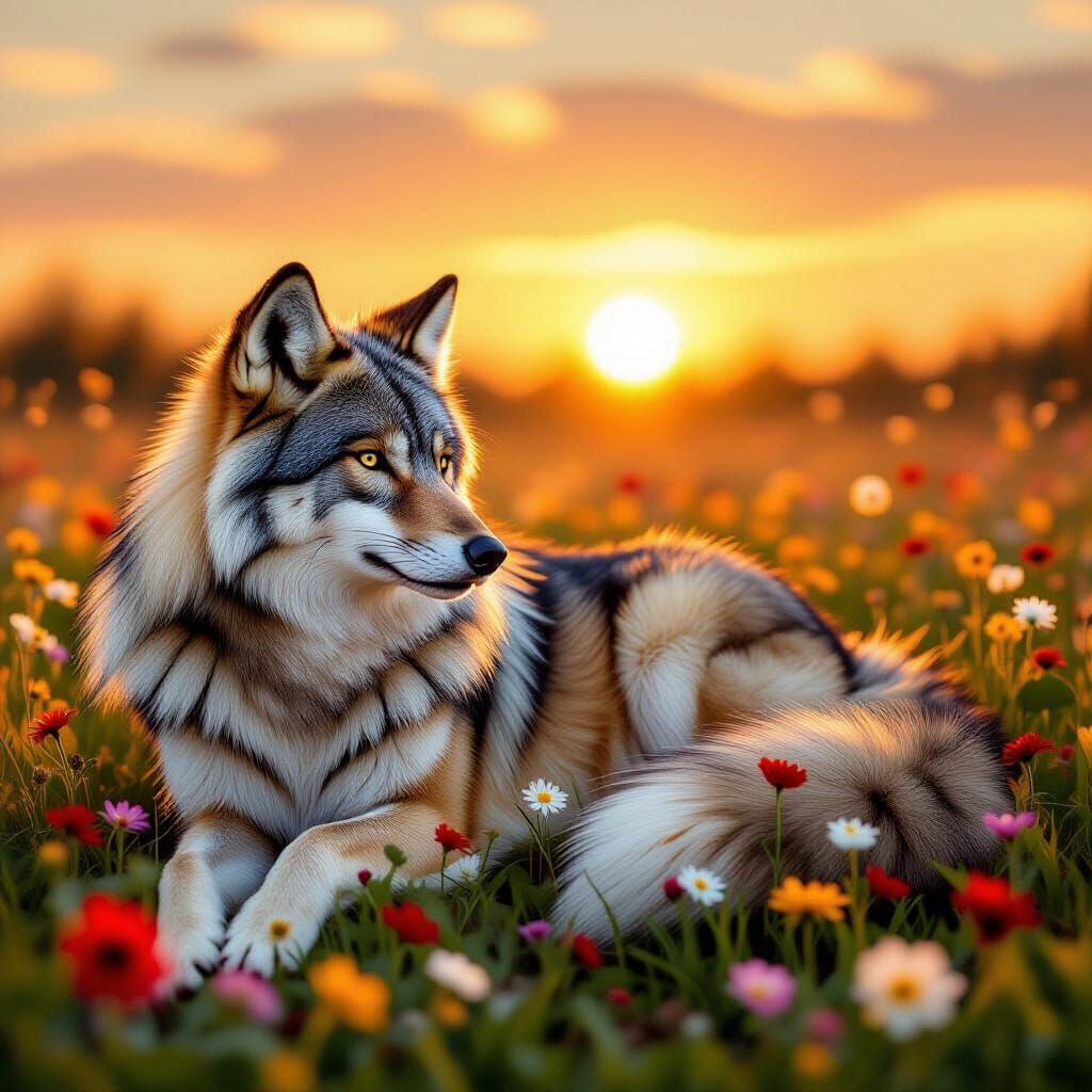 Wolf with Fox Tail Rests in Golden Hour Meadow
