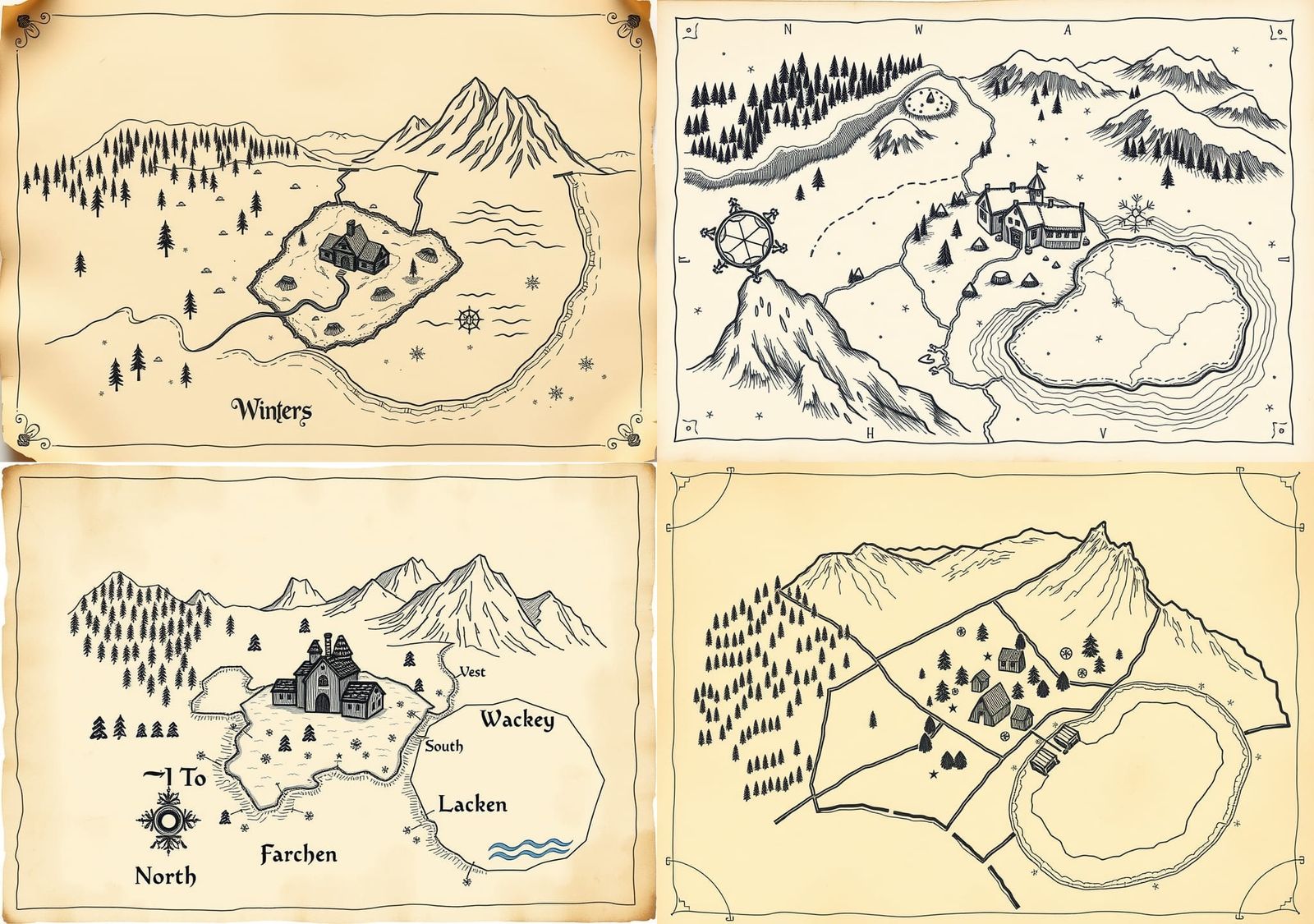 Medieval Winter Landscape Map in Ink