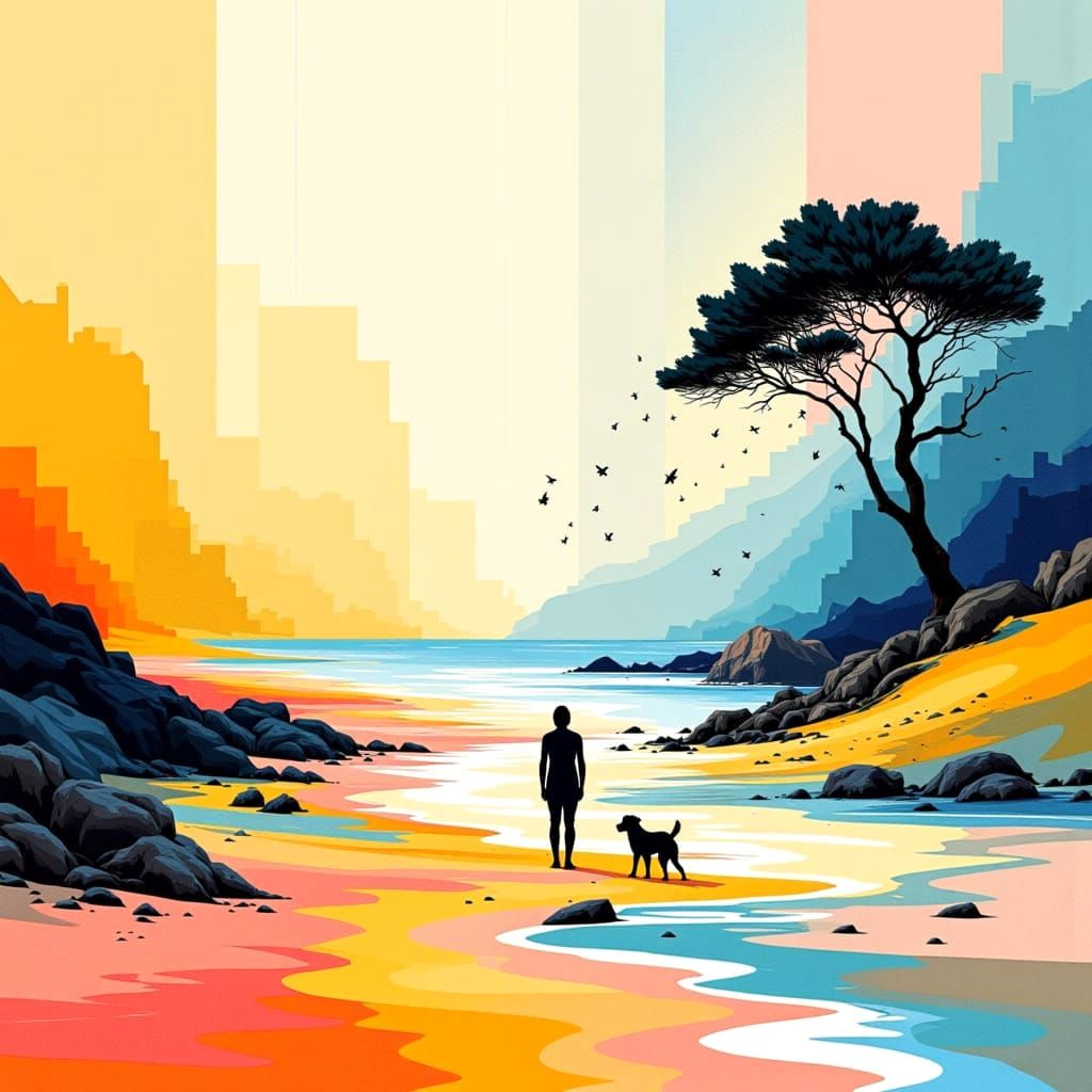 Whimsical Coastal Scene in Pastel Hues