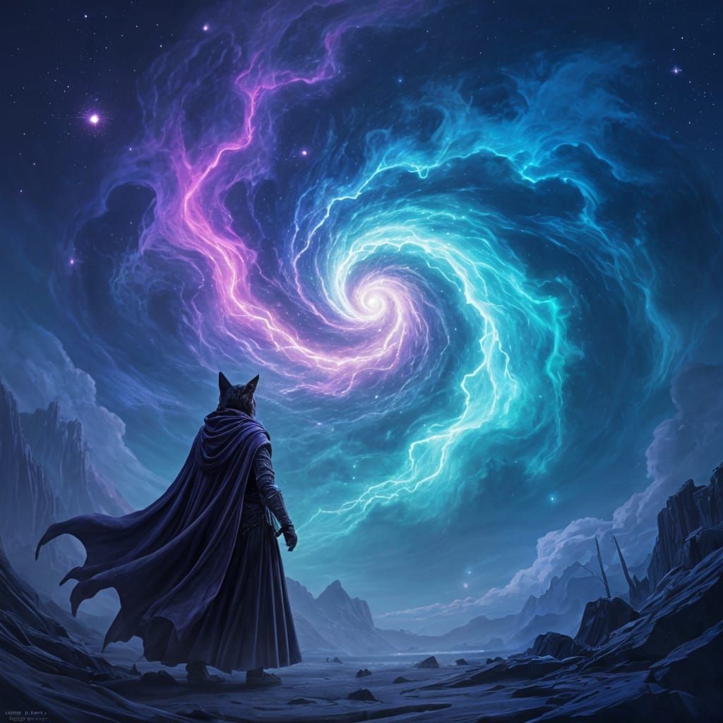 Tabaxi Warlock Confronts Cosmic Horror in Airbrush Style