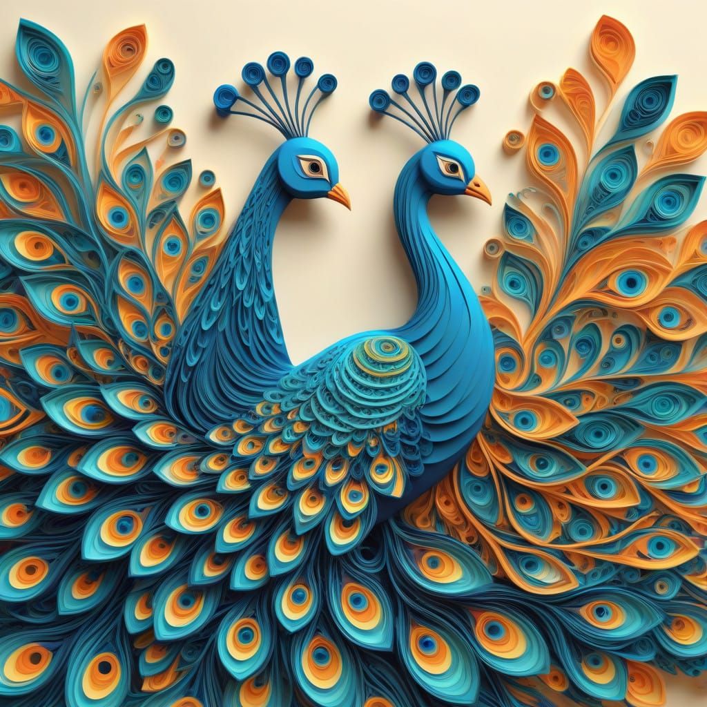Whimsical Paper Quilled Peacocks in Vibrant Abstract Style