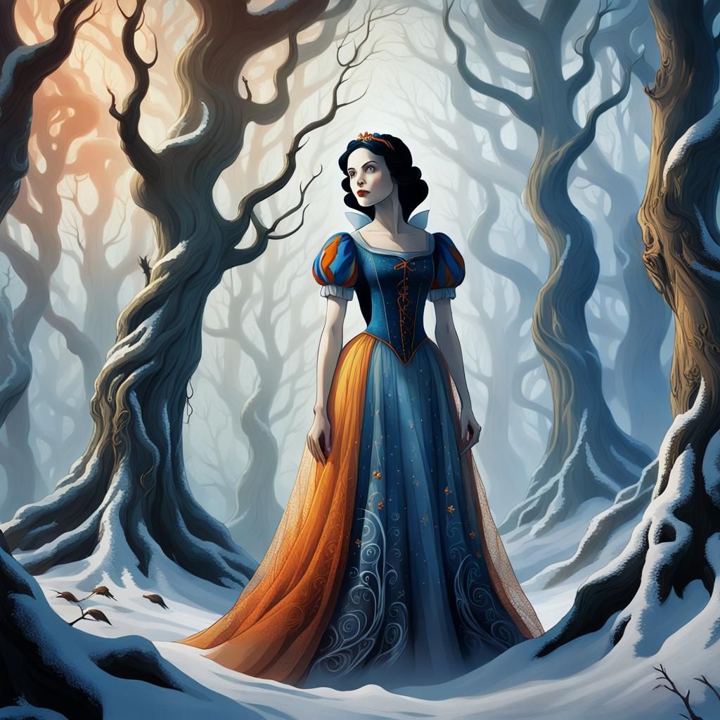 Snow White in Eerie Forest, Fantasy Art