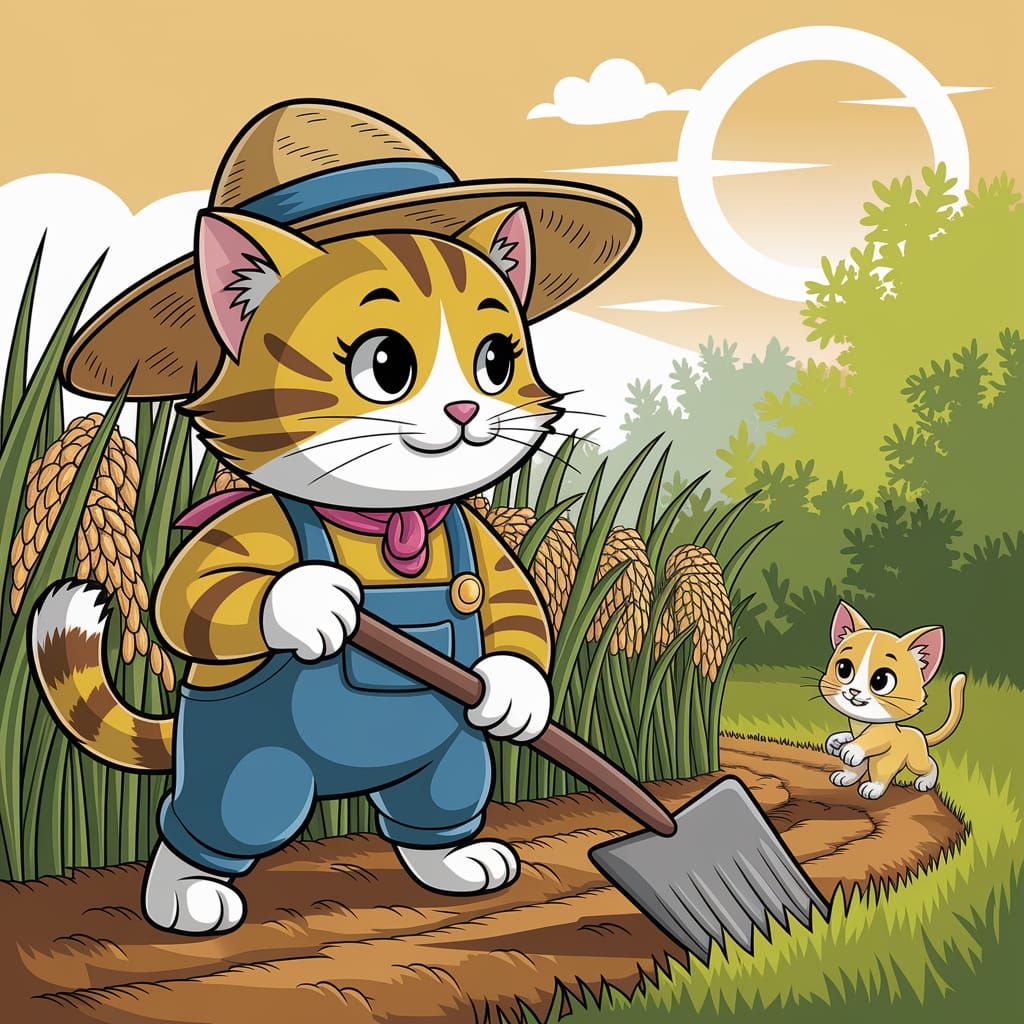 Farmer Cat Working in Rice Field Cartoon