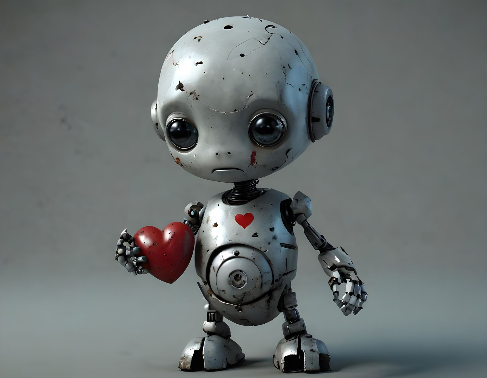 Hyper Realistic Baby Robot Holding a Broken Heart in a Moody...