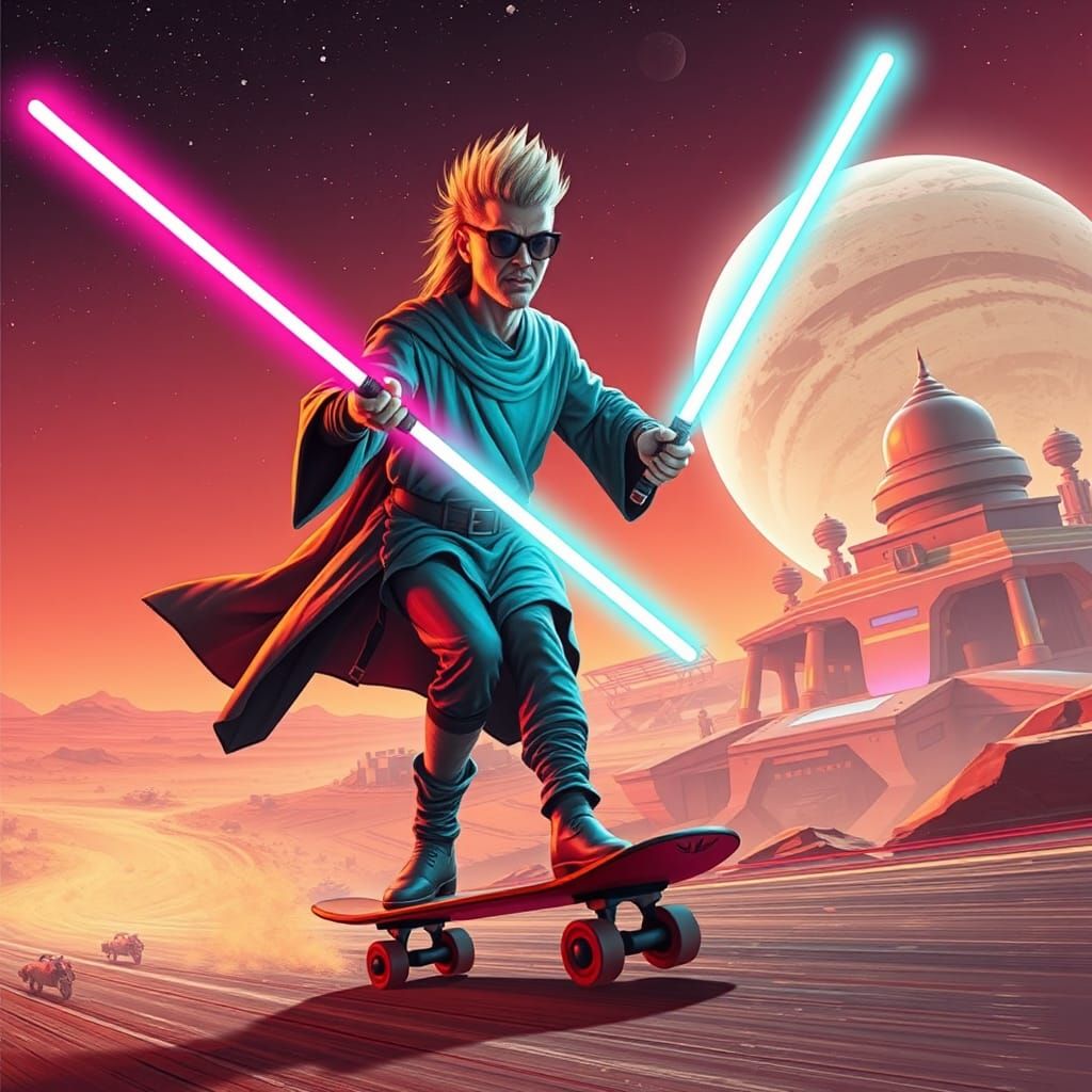 Skateboarding Jedi in Vaporwave City with Synthwave Lightsab...