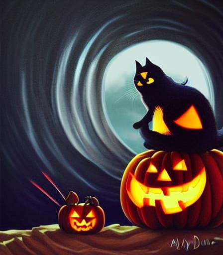 Anime Cat in Pumpkin: Halloween Portrait in Ghibli Style