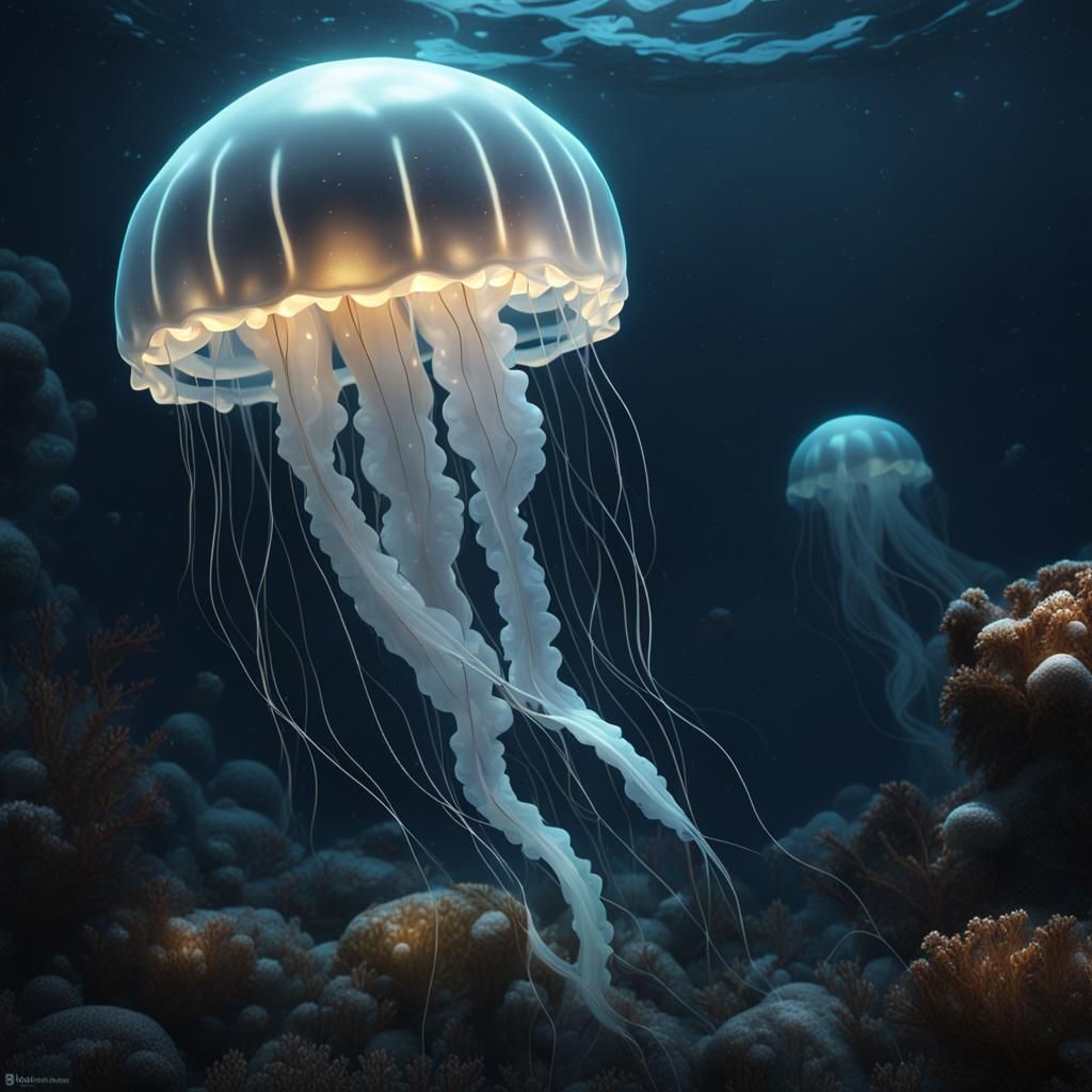 Bioluminescent Jellyfish in Dark Ocean: Fantasy Concept Art