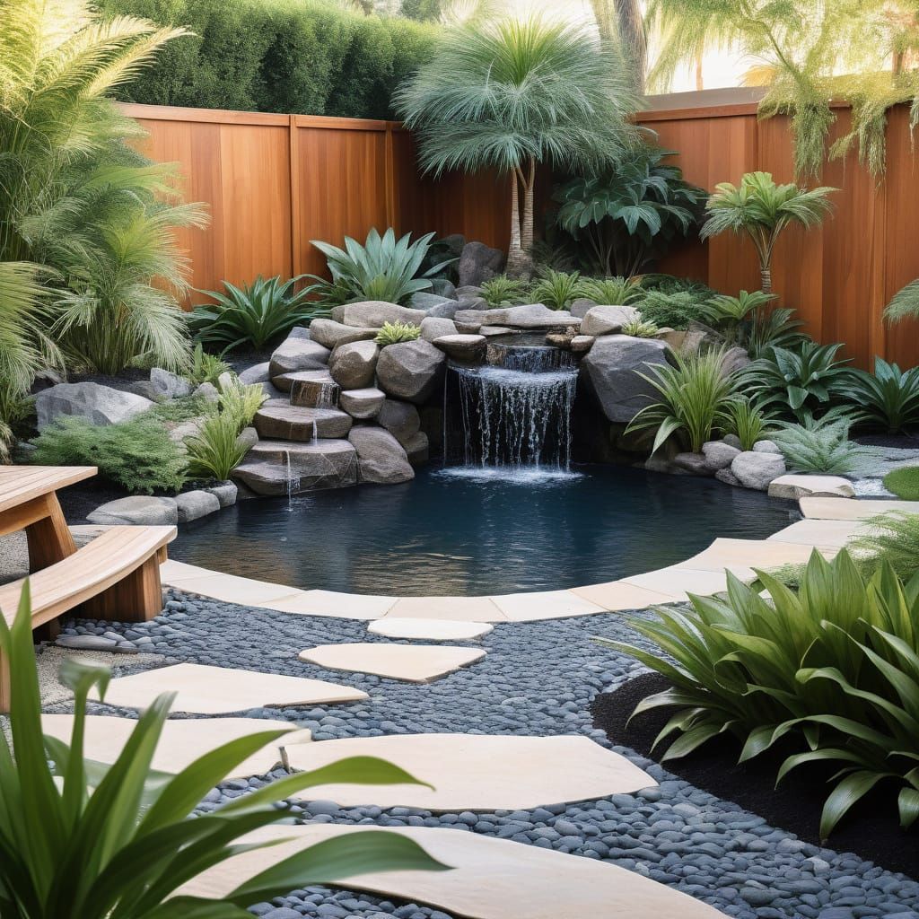 Backyard Oasis with Stone Waterfall and Koi Pond