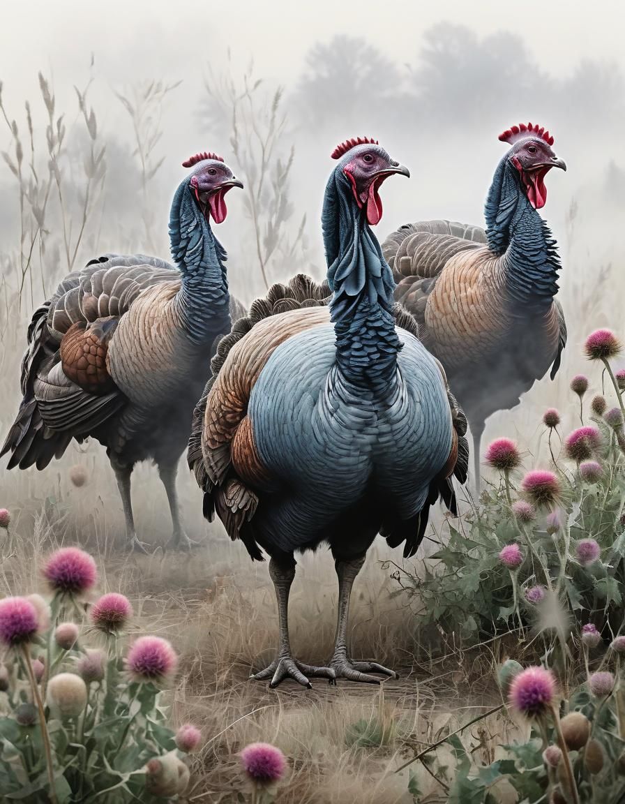 Dreamy Watercolor Turkeys Grazing in Burdocks and Thistles