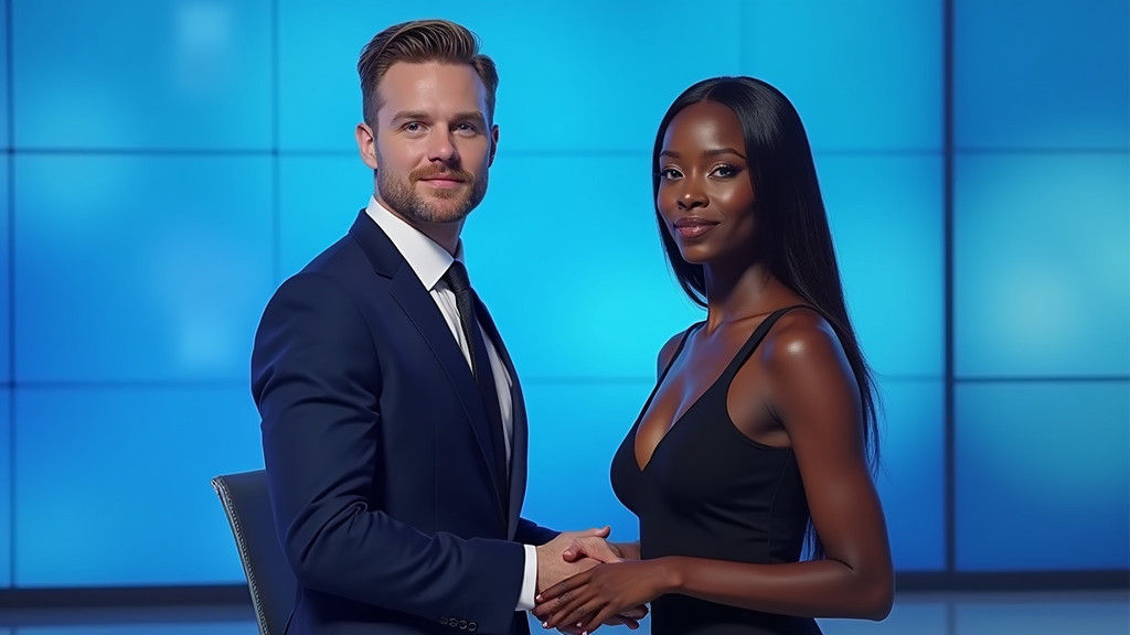 News Anchors in Minimalist Studio: Hyperrealistic Image